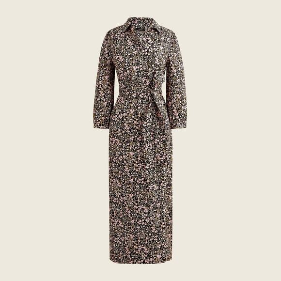 J. Crew Tie-Waist Midi Shirt Dress Fall Garden Floral Long Sleeve Casual Size 4 - Picture 1 of 14